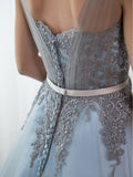 Sky Blue Formal Long Lace Appliqued Gray Tulle Prom Dress Cheap Quinceanera Dresses OKP2