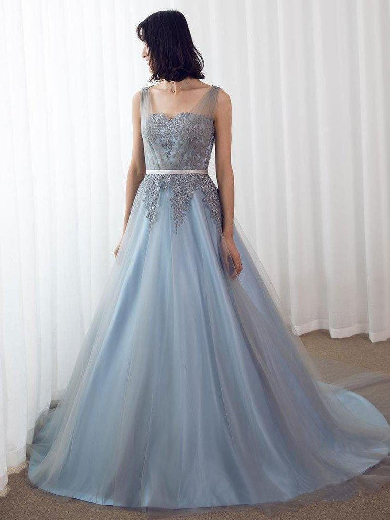 Sky Blue Formal Long Lace Appliqued Gray Tulle Prom Dress Cheap Quinceanera Dresses OKP2