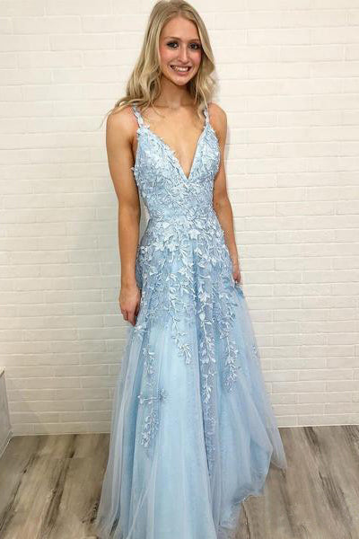 Sky Blue Lace Appliques Straps Long V Neck Prom Dress OKH45