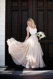 Simple A Line Sleeveless Chiffon Round Neck Long Beach Wedding Dress OK1287
