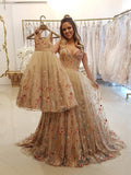 Spaghetti Strap A Line Floral Embroidery Prom Dress Long Formal Party Dress OKH48