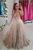 Spaghetti Strap A Line Floral Embroidery Prom Dress Long Formal Party Dress OKH48