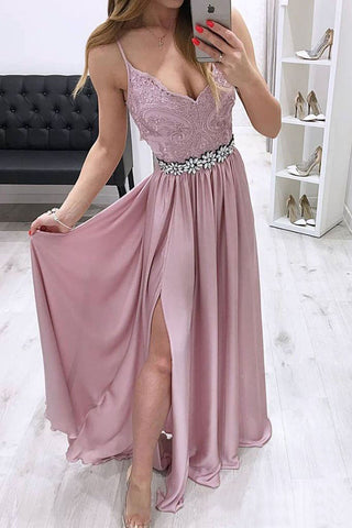 Spaghetti Strap Lace Prom Dress V-neck Rhinestone Formal Dress With Slit OKO84