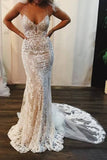 Spaghetti Strap Mermaid Wedding Dress Lace Appliques Long Bridal Dress OKP77
