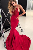 Spaghetti Strap V Neck Lace Long Mermaid Prom Dresses OKL45