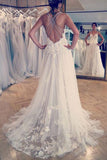 Deep V Neck Applique Wedding Dress Ivory A Line Wedding Gowns OKP88