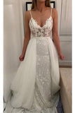 Lace Beach Wedding Dress Spaghetti Straps V-Neck with Detachable Train OK1115