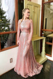 Sparkly Blush Pink Long Prom Dress with Long Sleeves OKK54
