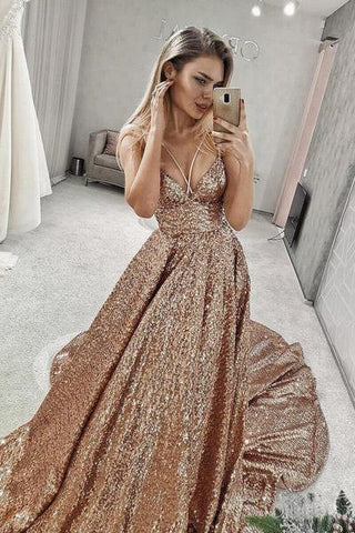 Sparkly Sequin V Neck Long Junior Prom Dress with Straps OKI27