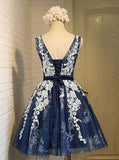 A-line Scoop Knee-length Navy Blue Organza Lace Up Back Homecoming Dresses with Appliques OK377