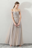 A Line Tulle Long Straps Lace Up Back Beaded Prom Dress,Evening Dress OKG73