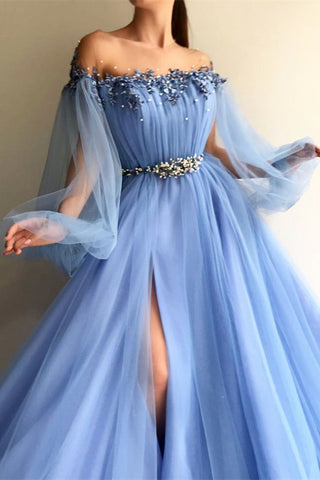 Elegant Blue Long Sleeves Off-the-Shoulder Beaded Crystal Side Slit Prom Dresses OKC78