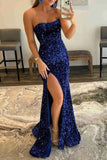 Burgundy Strapless Mermaid Sequined Long Prom Dress with Slit Formal Evening Gown OK1412
