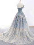 Blue and Gold Lace Ball Gown Prom Dress, Sweet 16 Princess Quinceanera Dress OKH63