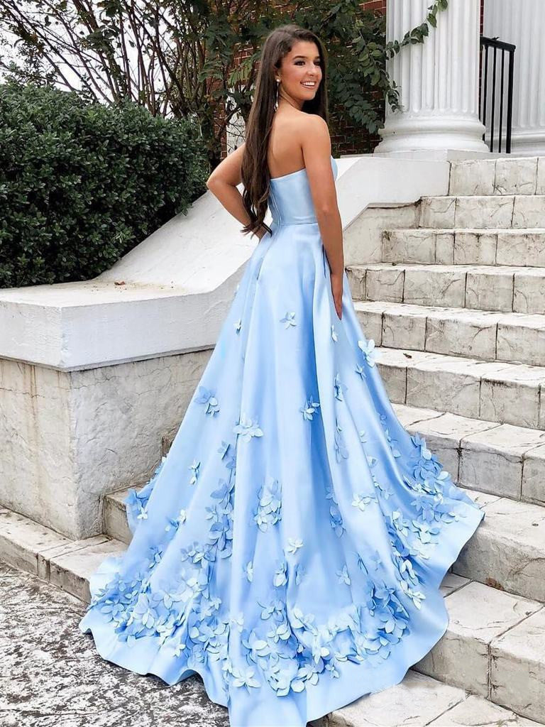 Sweetheart Sky Blue Long Satin Cheap Prom Dress with 3D Floral Applique OKI2