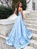 Sweetheart Sky Blue Long Satin Cheap Prom Dress with 3D Floral Applique OKI2