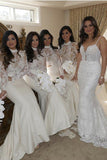 Elegant Mermaid High Neck Ivory Long Sleeves Stain Bridesmaid Dresses with Lace OK655