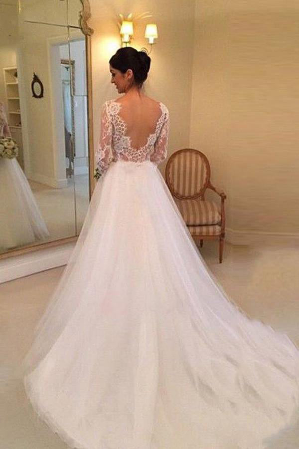 White Wedding Dresses,A-line Wedding Dress,Lace Wedding Gown,Long Sleeves Wedding Dresses,Backless Wedding Dress