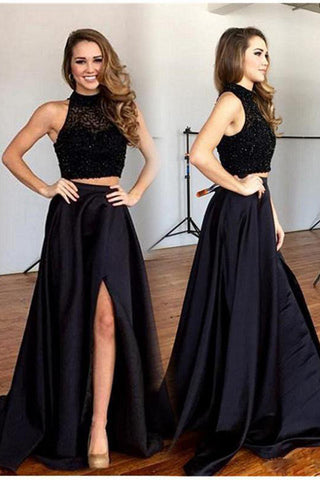 Two Pieces Black Long Sexy Split Prom Dresses, Formal Graduation Party Dresses OK147