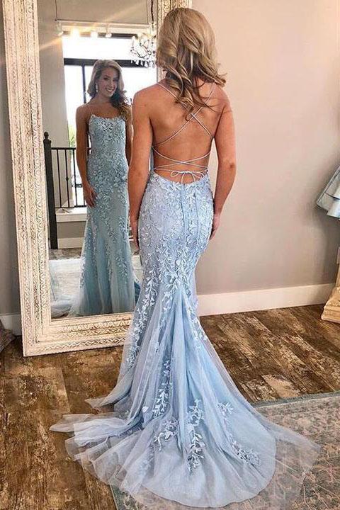Burgundy Spaghetti Strap Mermaid Stunning Prom Dress with Lace Appliques OKJ3