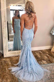 Burgundy Spaghetti Strap Mermaid Stunning Prom Dress with Lace Appliques OKJ3