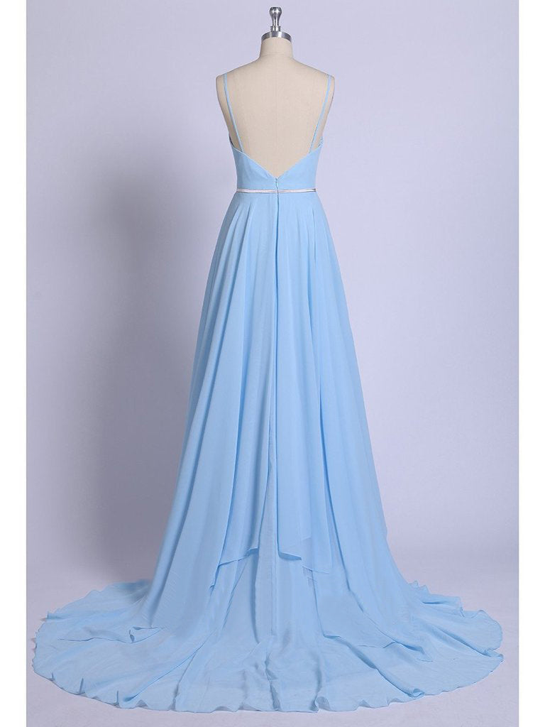Sexy Split Sky Blue Beach Simple Wedding Dress Chiffon Long Prom Dress OKI21
