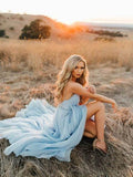 Sexy Split Sky Blue Beach Simple Wedding Dress Chiffon Long Prom Dress