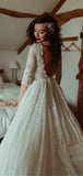 A Line Beteau Neck Half Sleeves V Backs Full Lace Long Wedding Dress OK1073