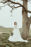 A Line Beteau Neck Half Sleeves V Backs Full Lace Long Wedding Dress OK1073