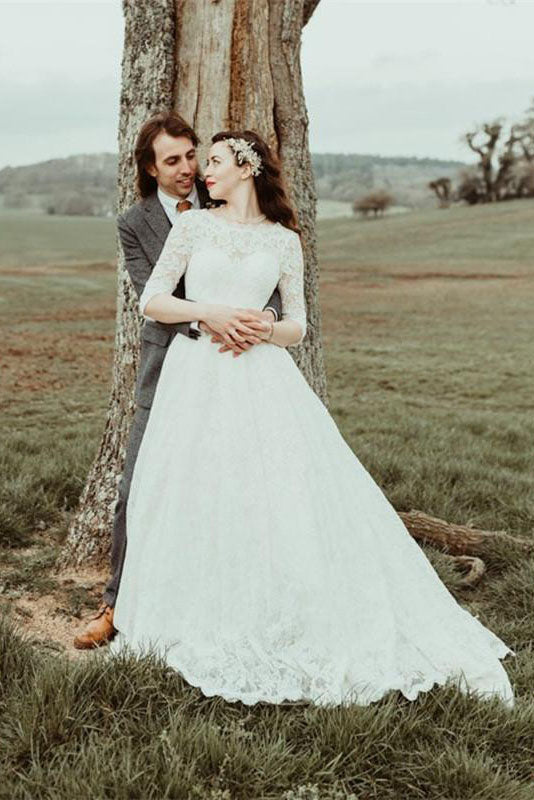 A-Line Beteau Neck Half Sleeves V Backs Full Lace Elangat Wedding Dress OK1073