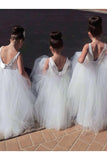 Princess White Ball Gown Jewel Sleeveless Floor-Length Tulle Flower Girl Dress OK707