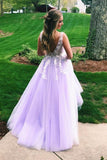 A Line Lilac Appliques V Neck Long Prom Dress Tulle Evening Formal Gowns OK1127