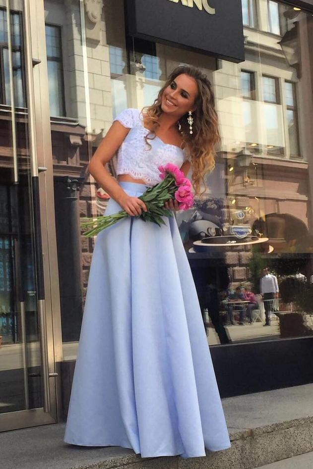 Cheap Prom Dresses,Satin Prom Gown,Light Blue Prom Dress,Two Piece Prom Dresses