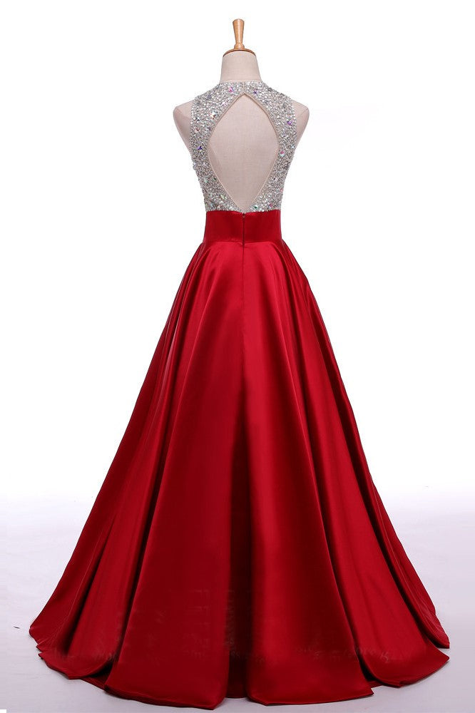 Red Long Beading A-line Prom Dress, Cheap Satin Formal Evening Dresses For Teens OK153