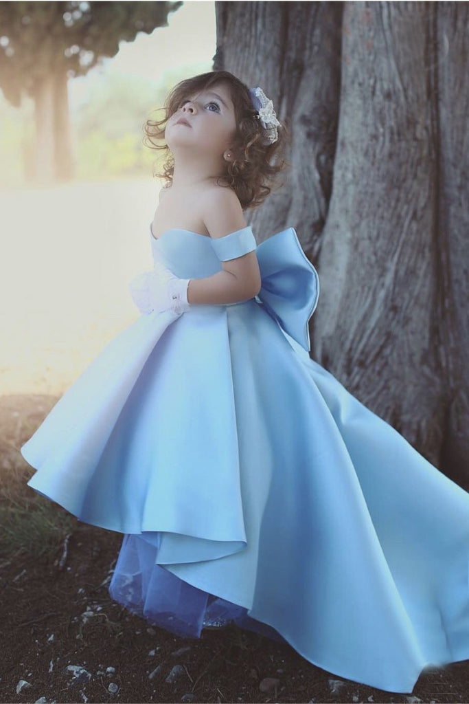 Princess Sky Blue Satin Ball Gowns Flower Girl Dresses OKM32