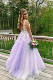 A Line Lilac Appliques V Neck Long Prom Dress Tulle Evening Formal Gowns OK1127