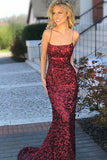 Sexy Prom Dresses,Mermaid Prom Gown,Spaghetti Straps Prom Dress,Burgundy Prom Dress,Sequined Prom Dress