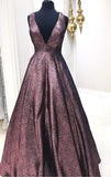 Elegant V Neck A Line Chocolate Long Prom Dresses Ball Gown With Pockets OK948