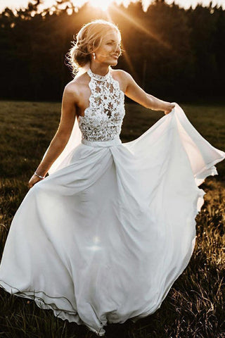 Fashion A-Line Halter Sleeveless Chiffon Long Beach Summer Wedding Dress with Lace W460