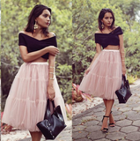 Two Piece Black And Pink Cheap Short A Line Tulle Homecoming Dresses OKC24