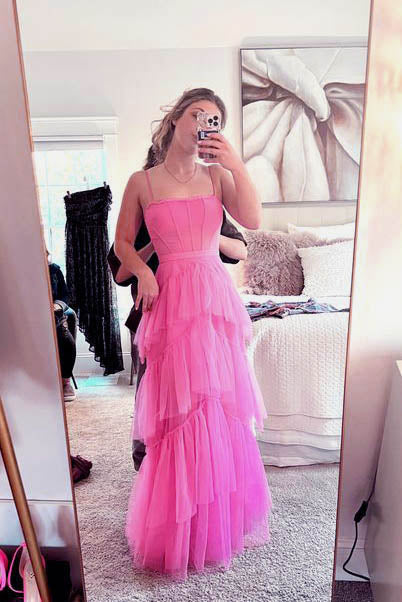 Hot Pink A Line Ruffles Tulle Prom Dress Long Evening Party Gowns OK1609