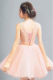 Peach Short A-Line Lace Up Back Homecoming Dress With Flowers OKD89