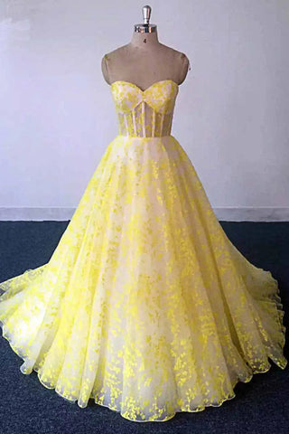 Yellow Lace Sweetheart Long Graduation Dress A Line Prom Dress For Teens OKU24