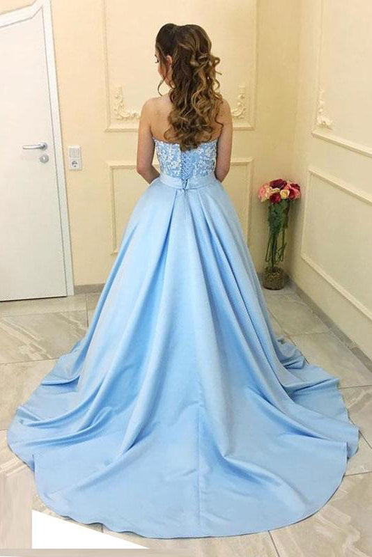 Modest A-Line Sweetheart Light Blue Long Prom Dresses With Lace OK693