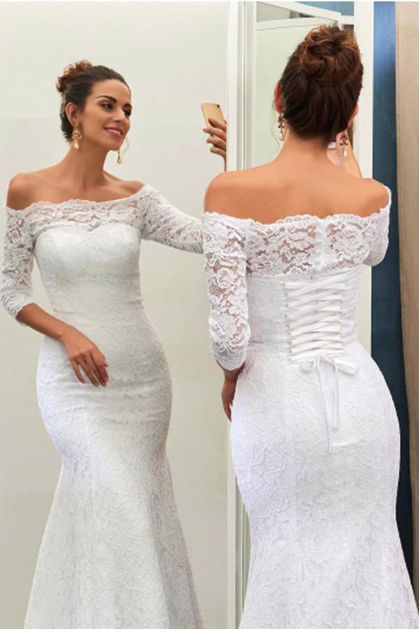Elegant Wedding Dresses,White Wedding Dresses,Off-The-Shoulder Wedding Dress,3/4-Length Bridal Dress,Mermaid Wedding Gown,Lace Wedding Dress