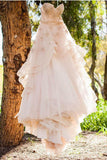 Vintage Strapless Sweetheart A Line Flower Tulle Pearl Pink Wedding Dresses OK589