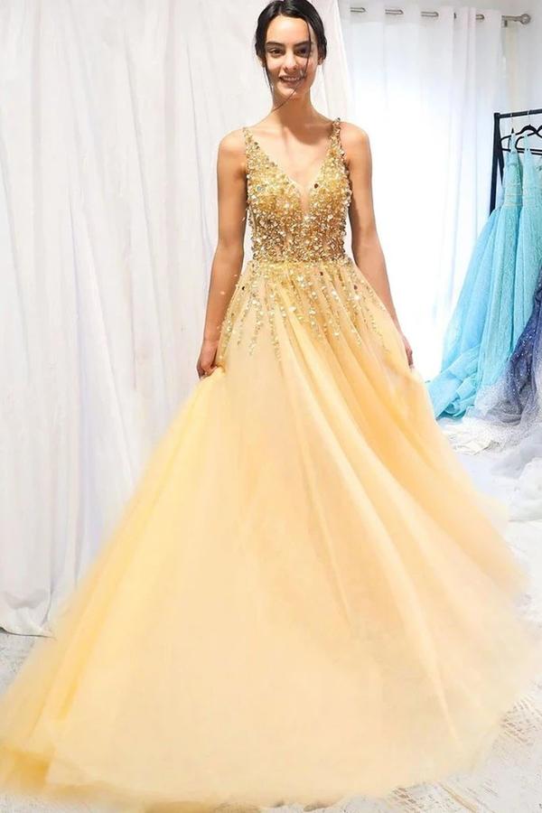 A-line Floor Length Tulle Yellow Prom Dress With Sequins V Neck Long Formal Dress OKY80