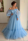 Sky Blue Tulle Off the Shoulder Long Prom Dresses, Elegant Evening Dresses OKJ43