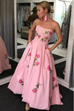 A-Line Sweetheart Strapless Pink Long Prom Dresses With Embroidery Pockets OKK63
