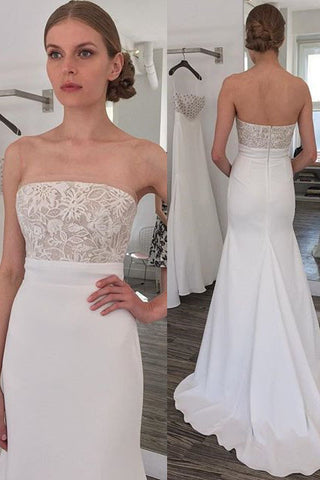 Simple Strapless Mermaid Long Wedding Dresses with Sweep Train OKL46